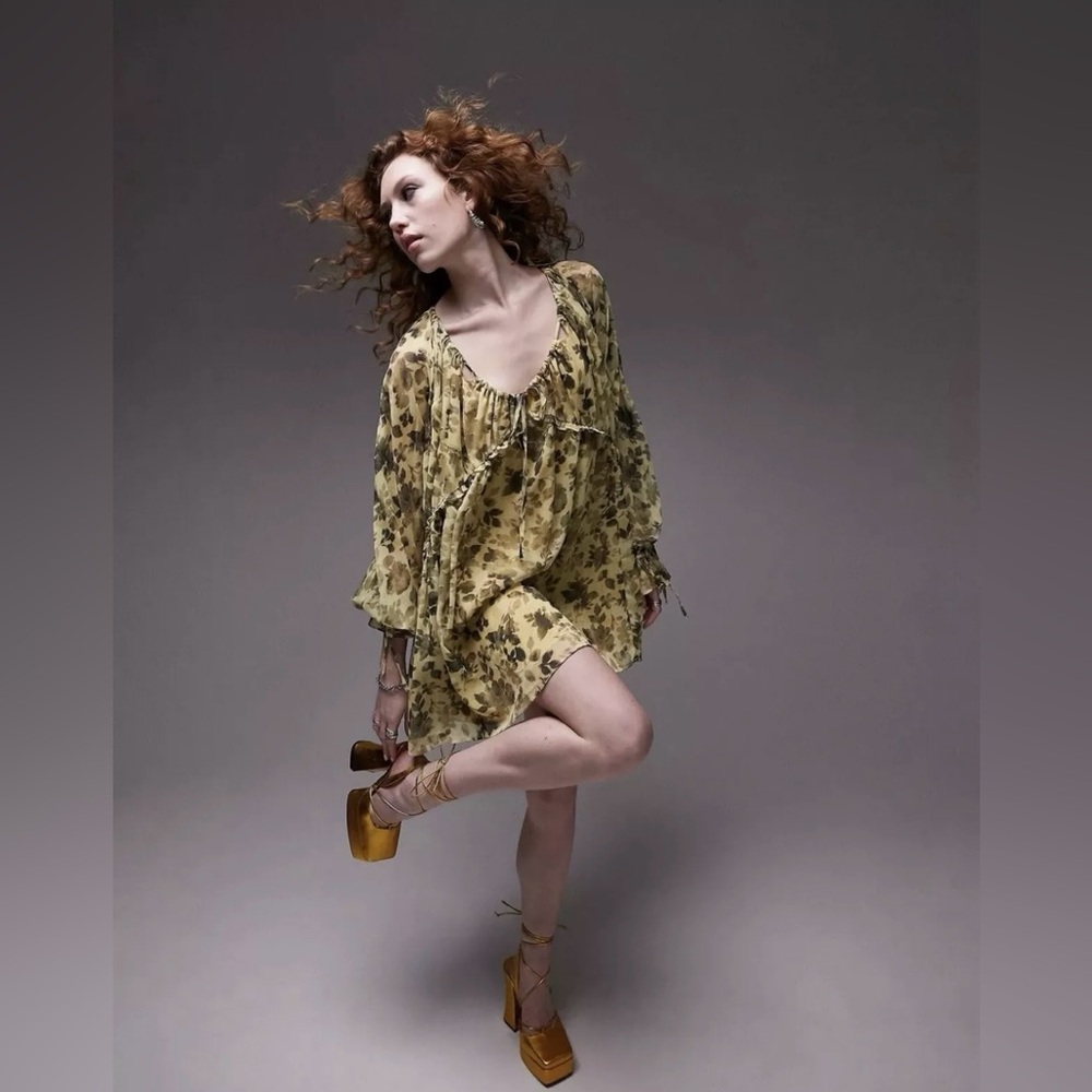 Topshop Floral Print Babydoll Dress Yellow Black Chunk Size 8 NWT